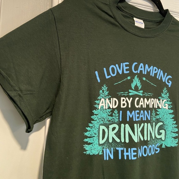 NWOT Green Size L Graphic Print Tee Shirt Love Camping Drinking Woods Funny - Picture 4 of 11